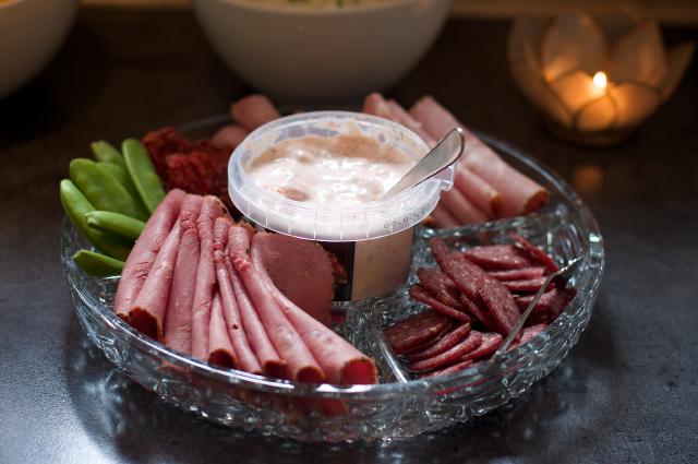 Assorted meat cuts, sugar pears, sundried tomatoes and shrimp salad